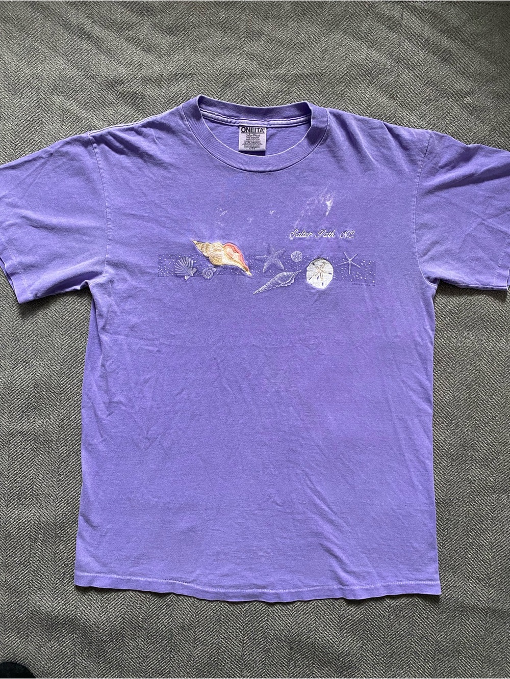 Oneita Vintage 90s Salter Path NC Purple Shell Embroidered Tee M